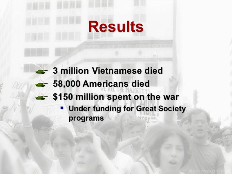Results  3 million Vietnamese died 58,000 Americans died $150 million spent on the